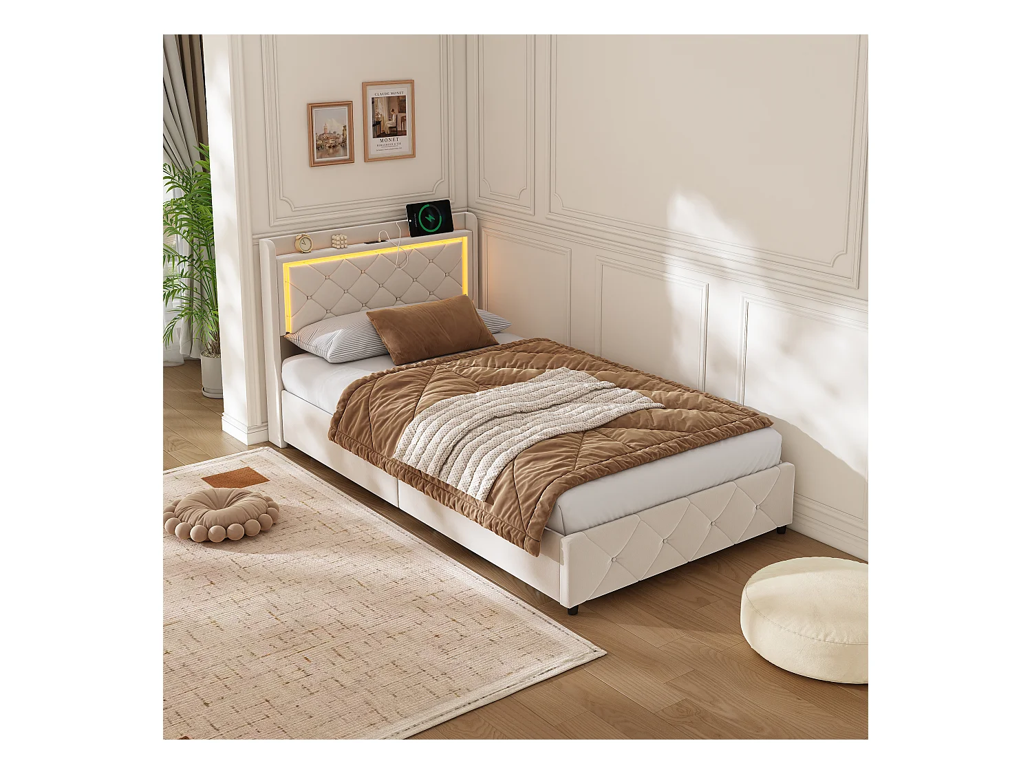 Base de cama de 90x200 cm con cabecero LED RGB, compartimento hidráulico, 2 puertos USB, terciopelo beige