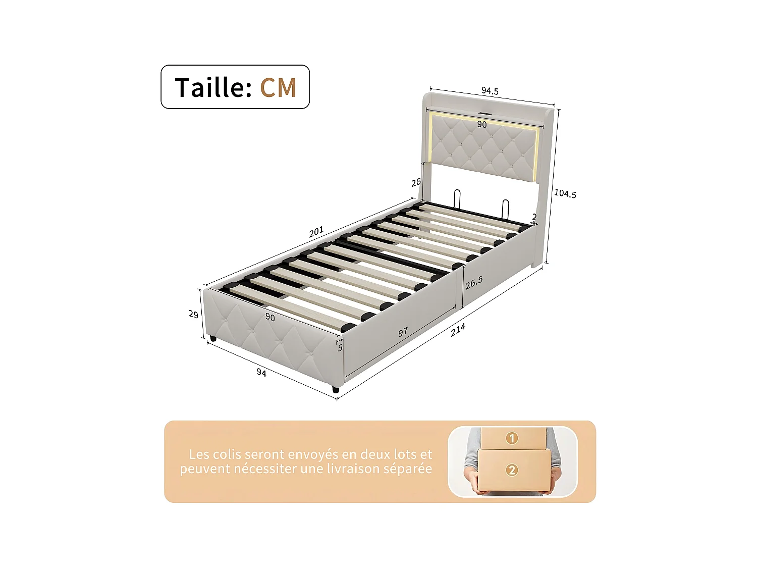 Base de cama de 90x200 cm con cabecero LED RGB, compartimento hidráulico, 2 puertos USB, terciopelo beige