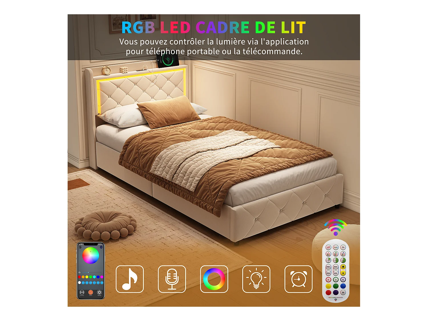 Base de cama de 90x200 cm con cabecero LED RGB, compartimento hidráulico, 2 puertos USB, terciopelo beige