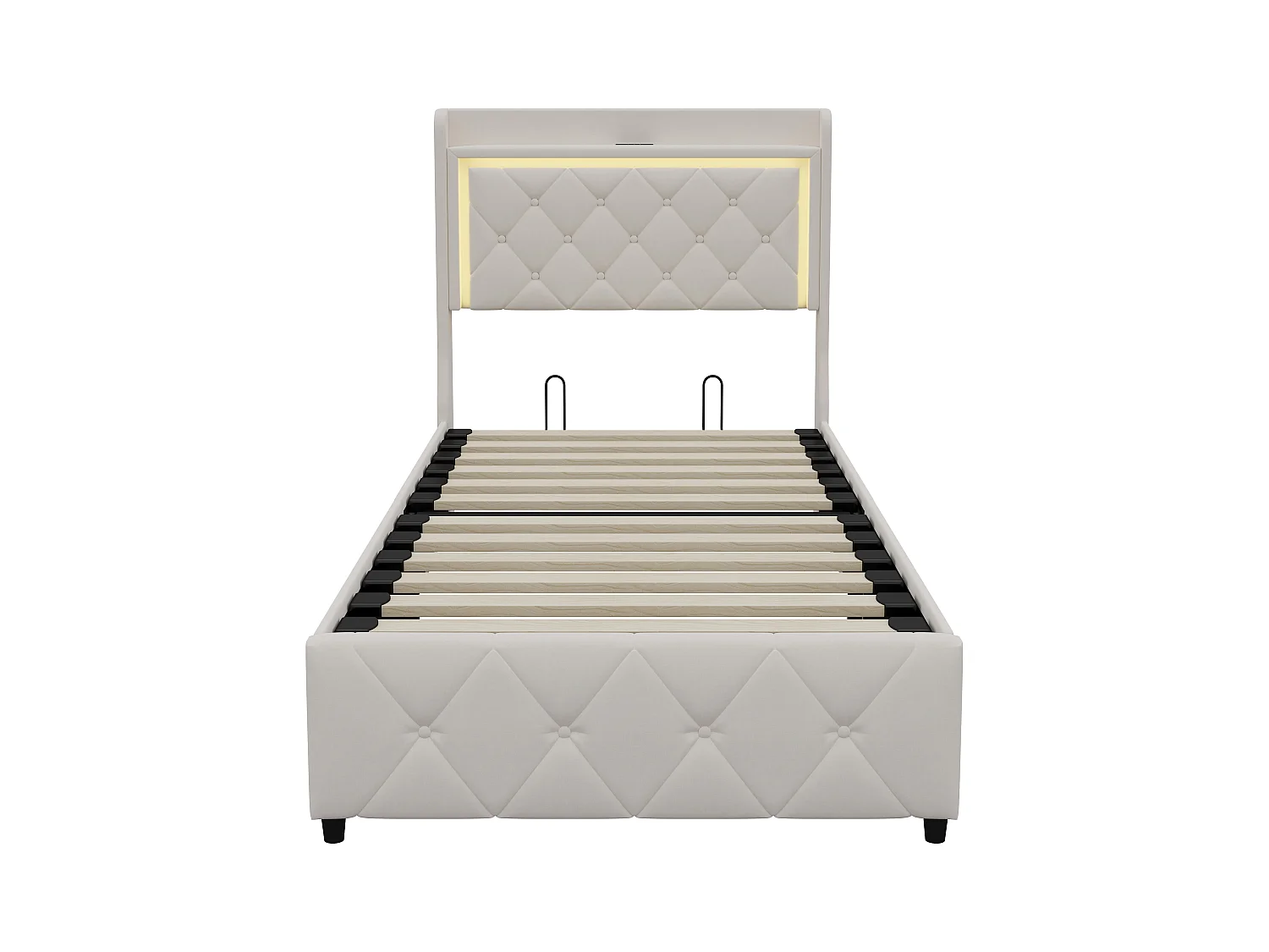 Base de cama de 90x200 cm con cabecero LED RGB, compartimento hidráulico, 2 puertos USB, terciopelo beige