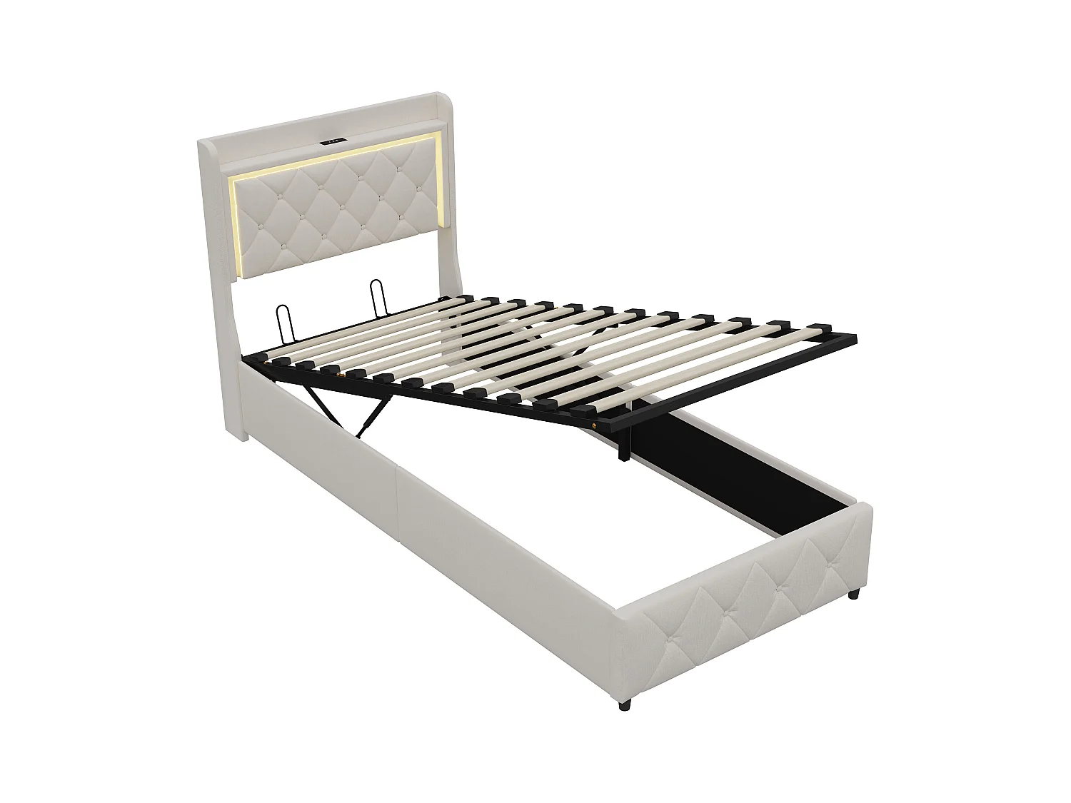 Base de cama de 90x200 cm con cabecero LED RGB, compartimento hidráulico, 2 puertos USB, terciopelo beige