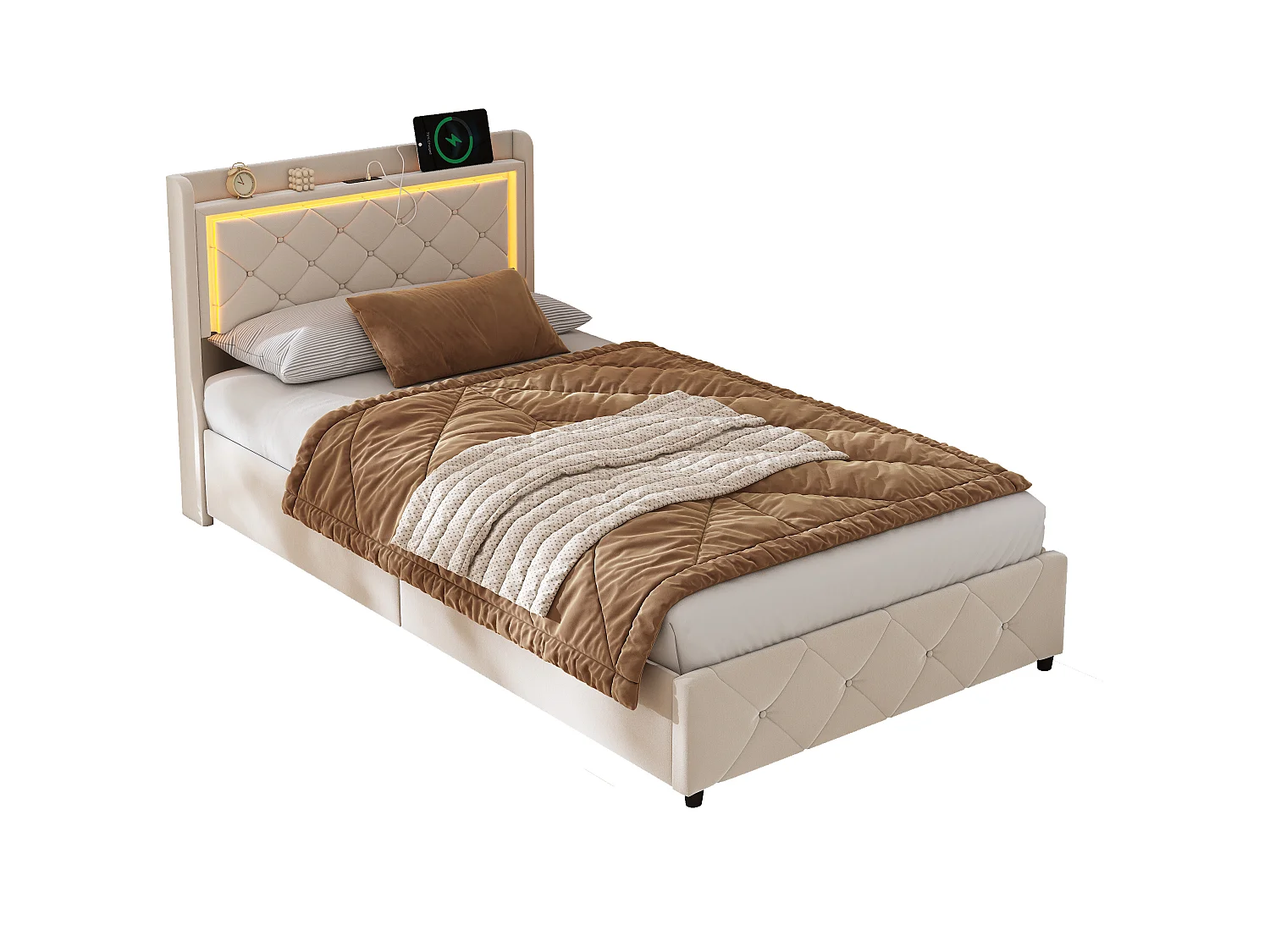 Base de cama de 90x200 cm con cabecero LED RGB, compartimento hidráulico, 2 puertos USB, terciopelo beige