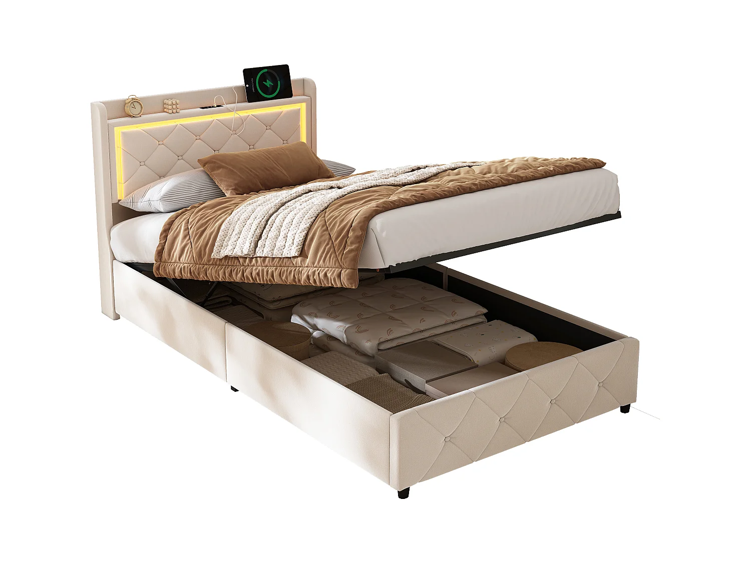 Base de cama de 90x200 cm con cabecero LED RGB, compartimento hidráulico, 2 puertos USB, terciopelo beige