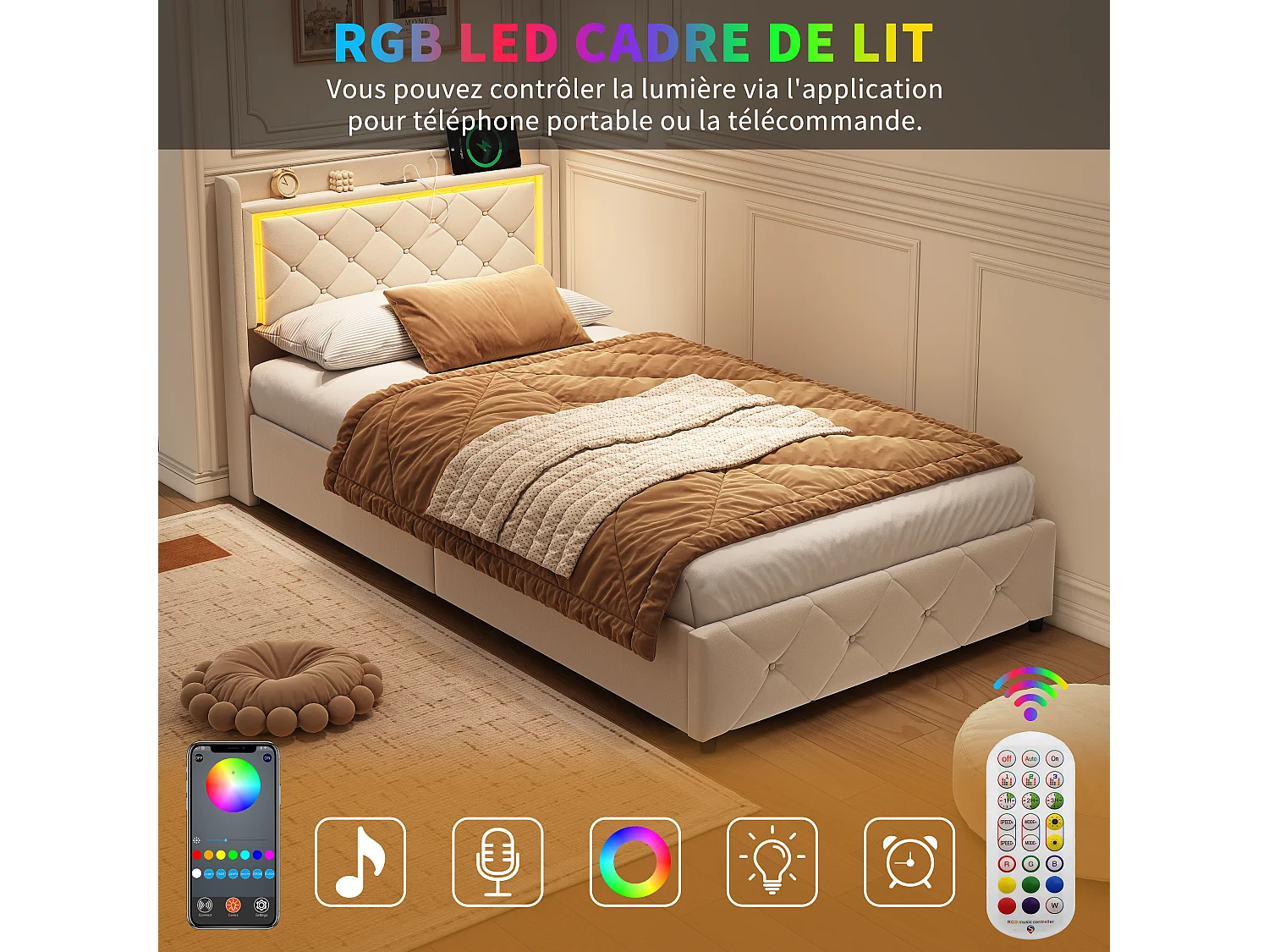 Platformbedframe 90x200 cm met RGB LED-hoofdbord, hydraulische opbergruimte, 2 USB-aansluitingen, beige fluweel