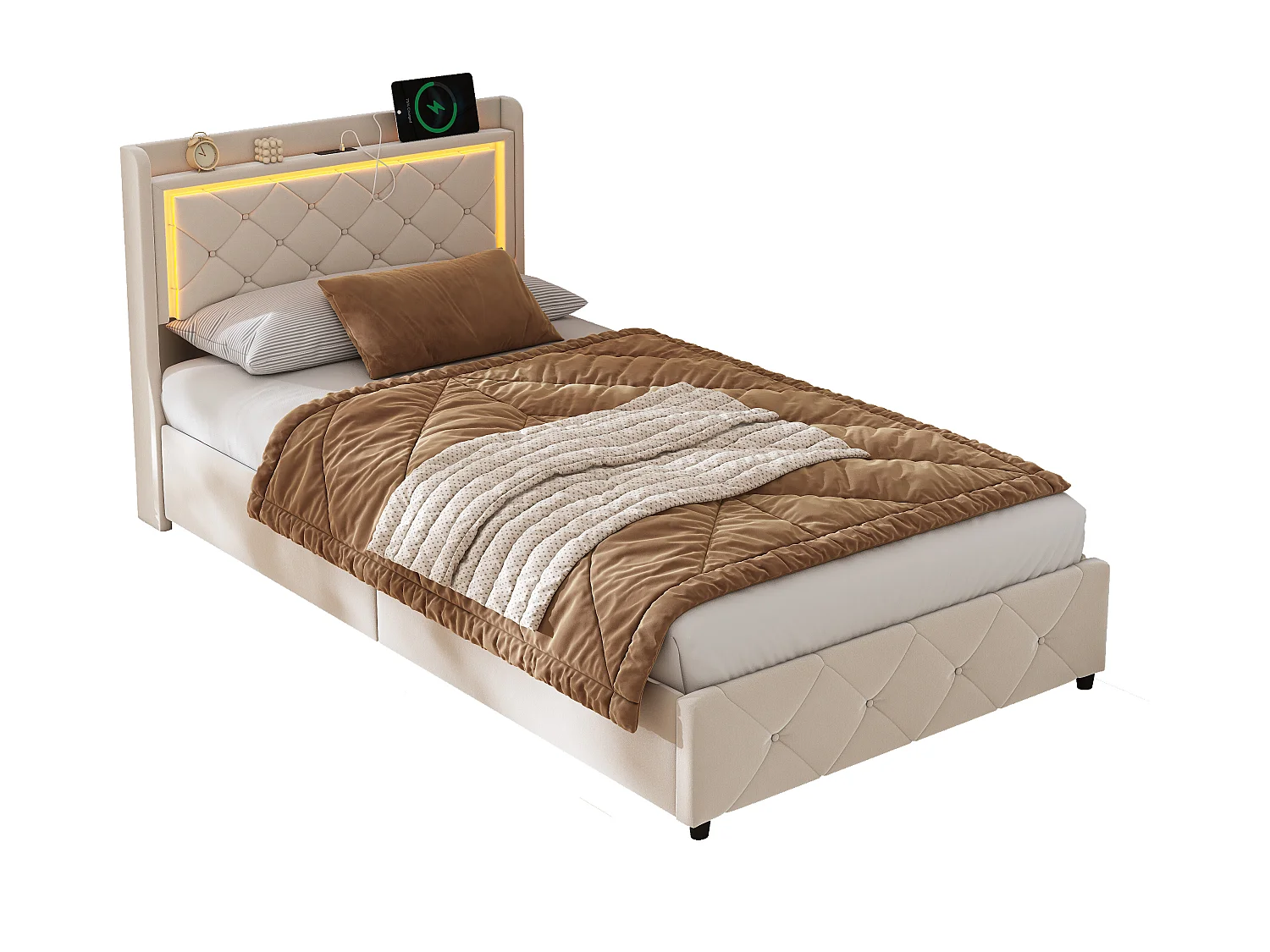 Platformbedframe 90x200 cm met RGB LED-hoofdbord, hydraulische opbergruimte, 2 USB-aansluitingen, beige fluweel