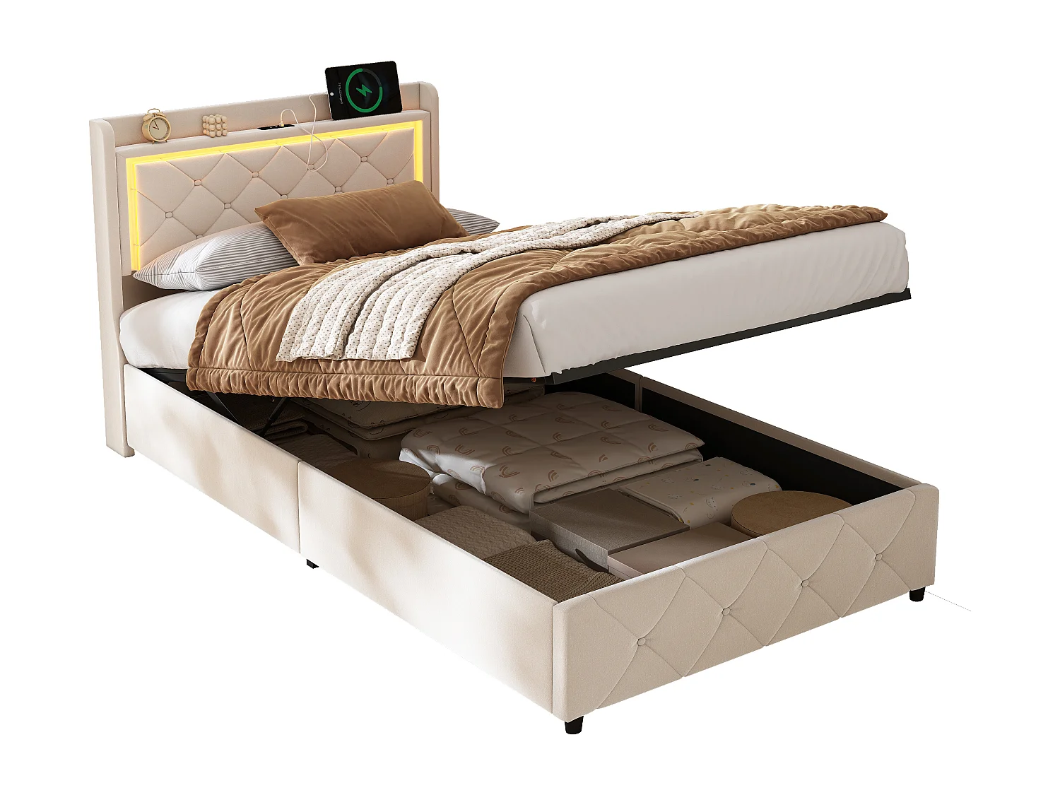 Platformbedframe 90x200 cm met RGB LED-hoofdbord, hydraulische opbergruimte, 2 USB-aansluitingen, beige fluweel