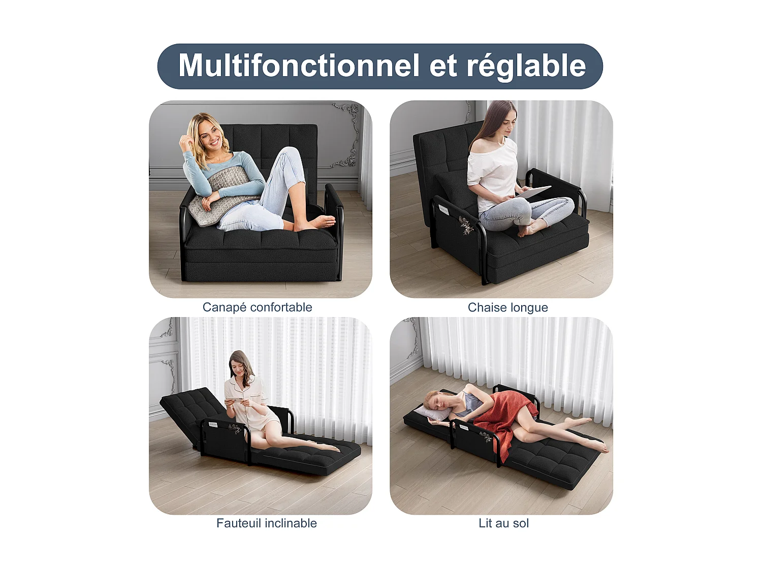 Justerbar sovesofa med 5 positioner i løkkestof med armlæn med opbevaring, sort