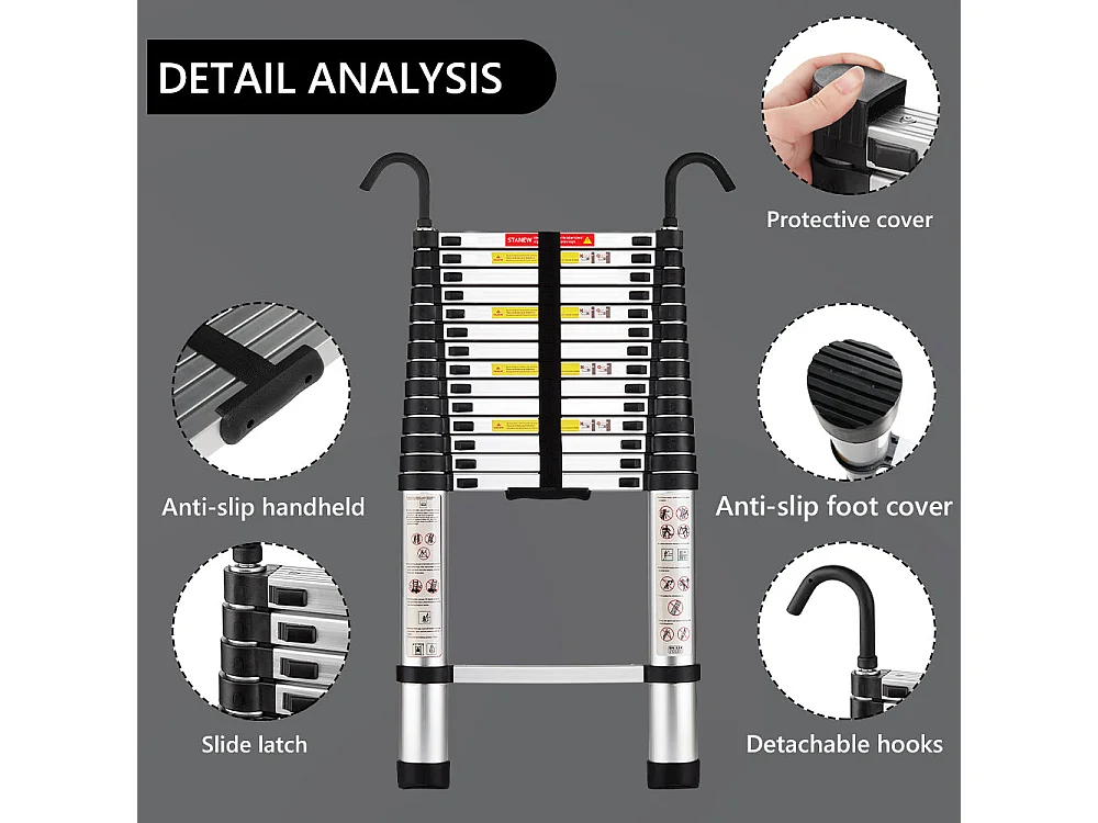 Échelle télescopique pliante en aluminium de 4,4 mètres avec main courante, capacité de charge maximale de 150 kilogrammes