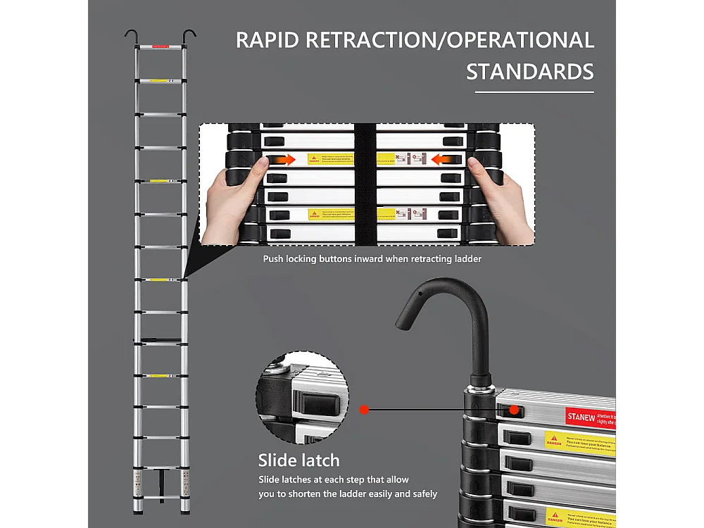 Échelle télescopique pliante en aluminium de 4,4 mètres avec main courante, capacité de charge maximale de 150 kilogrammes