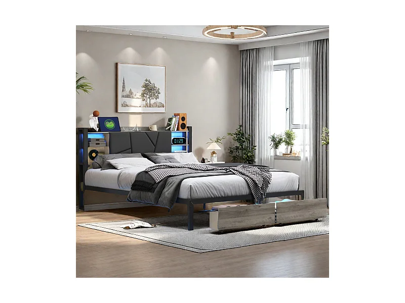 Lit 160x200cm en bois & métal avec LED multicolores, tête de lit rembourrée PU, 2 tiroirs, prise EU & contrôle APP/remote