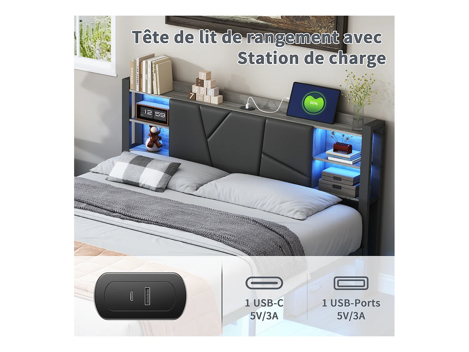 Letto 160x200cm in legno e metallo con LED multicolore, testiera imbottita in PU, 2 cassetti, spina UE e APP/telecomando