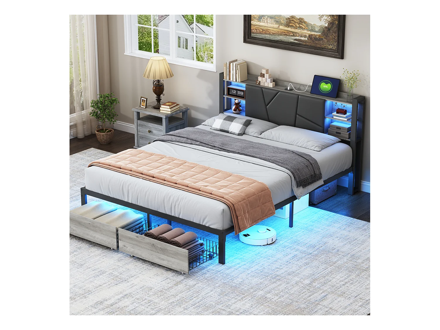 Letto 160x200cm in legno e metallo con LED multicolore, testiera imbottita in PU, 2 cassetti, spina UE e APP/telecomando