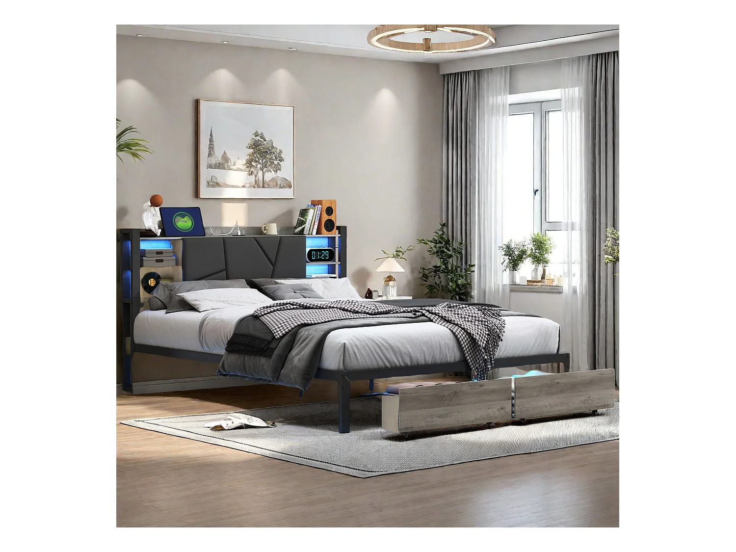 160x200cm houten en metalen bed met multicolor ledverlichting, PU-gestoffeerd hoofdbord, 2 lades, EU-stekker en APP/afstandsbediening