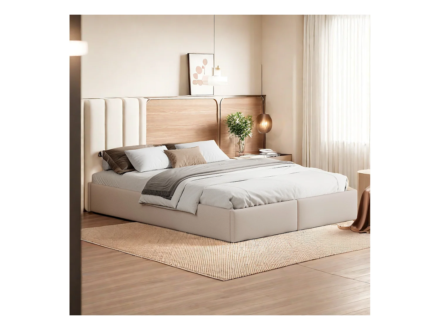 Letto imbottito 160 x 200 cm, letto a piattaforma, letto imbottito senza testiera, con contenitore idraulico e 2 cassetti, beige