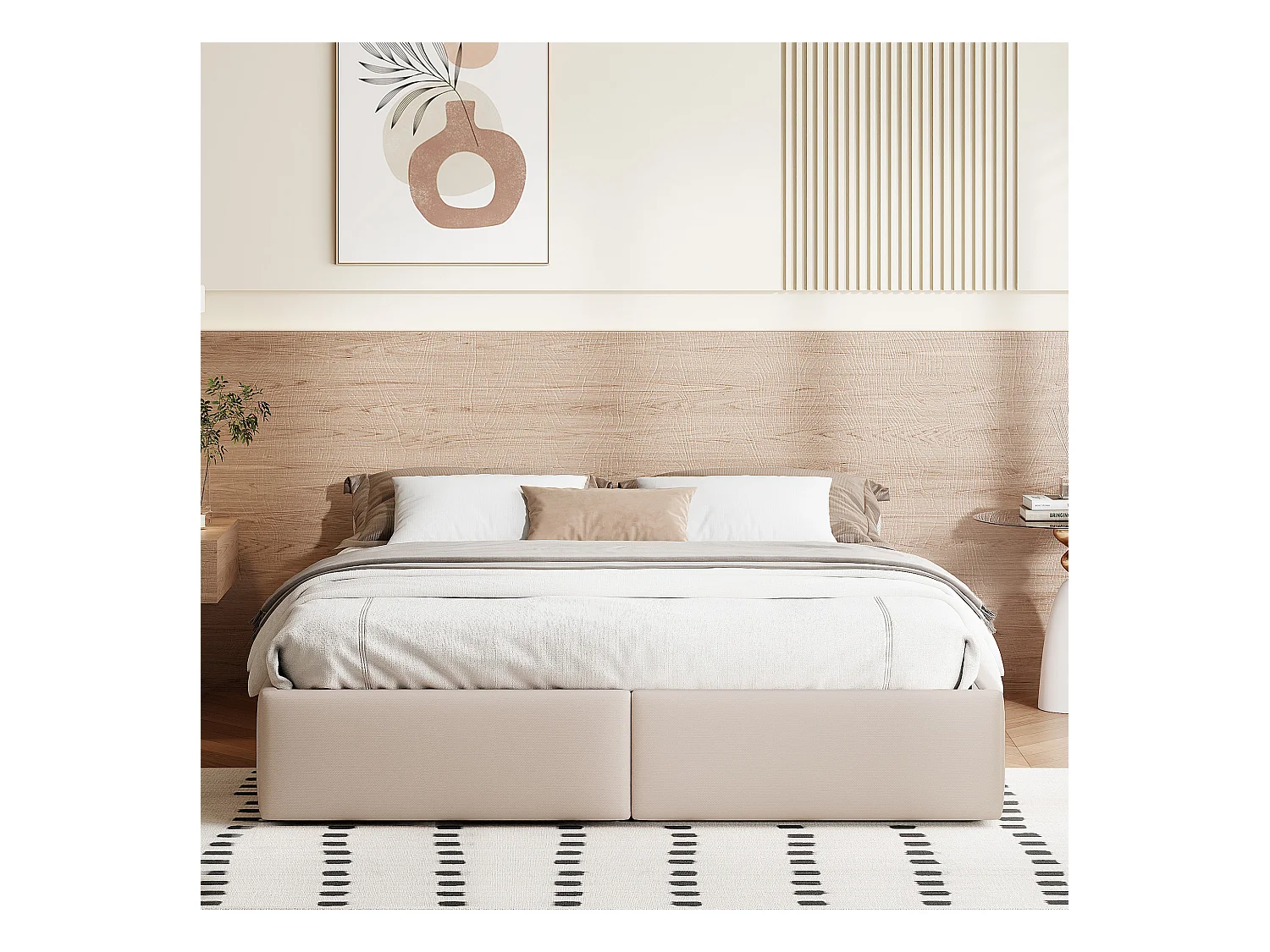 Letto imbottito 160 x 200 cm, letto a piattaforma, letto imbottito senza testiera, con contenitore idraulico e 2 cassetti, beige