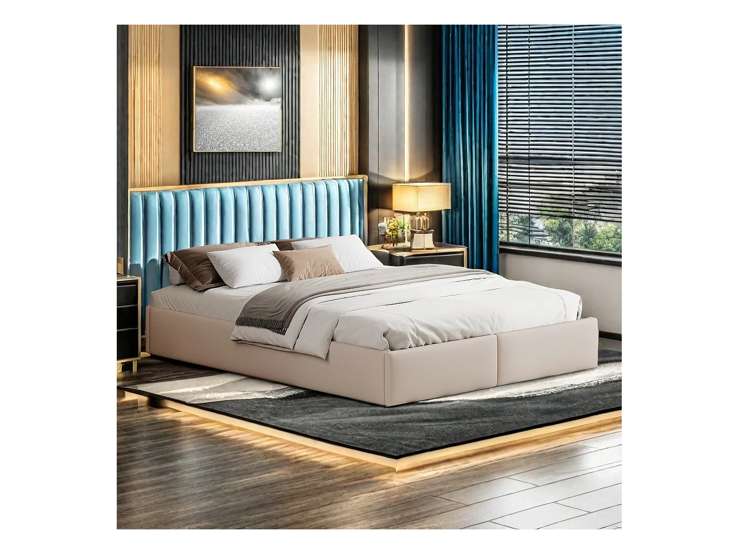 Letto imbottito 160 x 200 cm, letto a piattaforma, letto imbottito senza testiera, con contenitore idraulico e 2 cassetti, beige