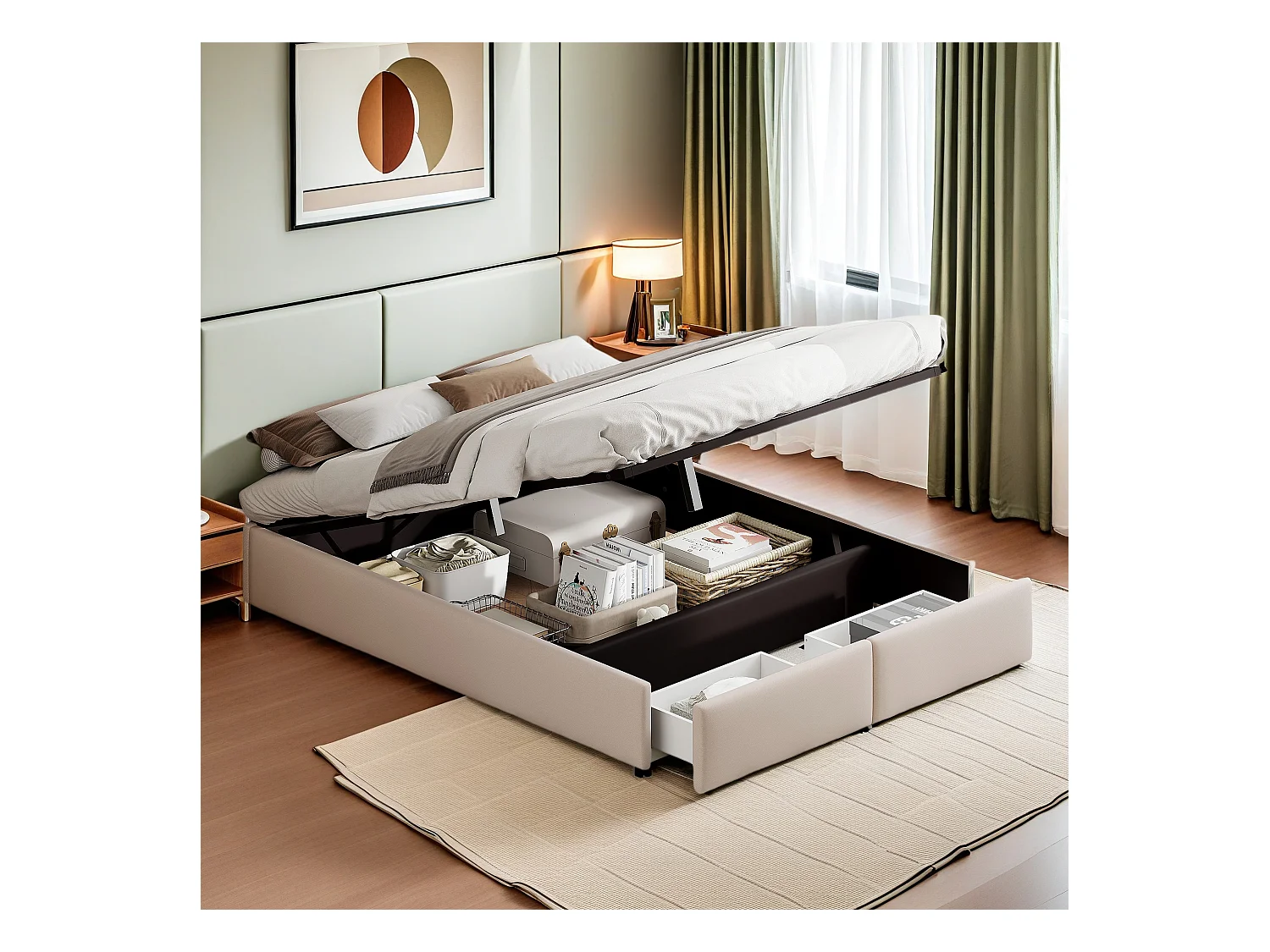 Gestoffeerd bed van 160 x 200 cm, platformbed, gecapitonneerd bed zonder hoofdeinde, met hydraulische opbergruimte en 2 lades, beige