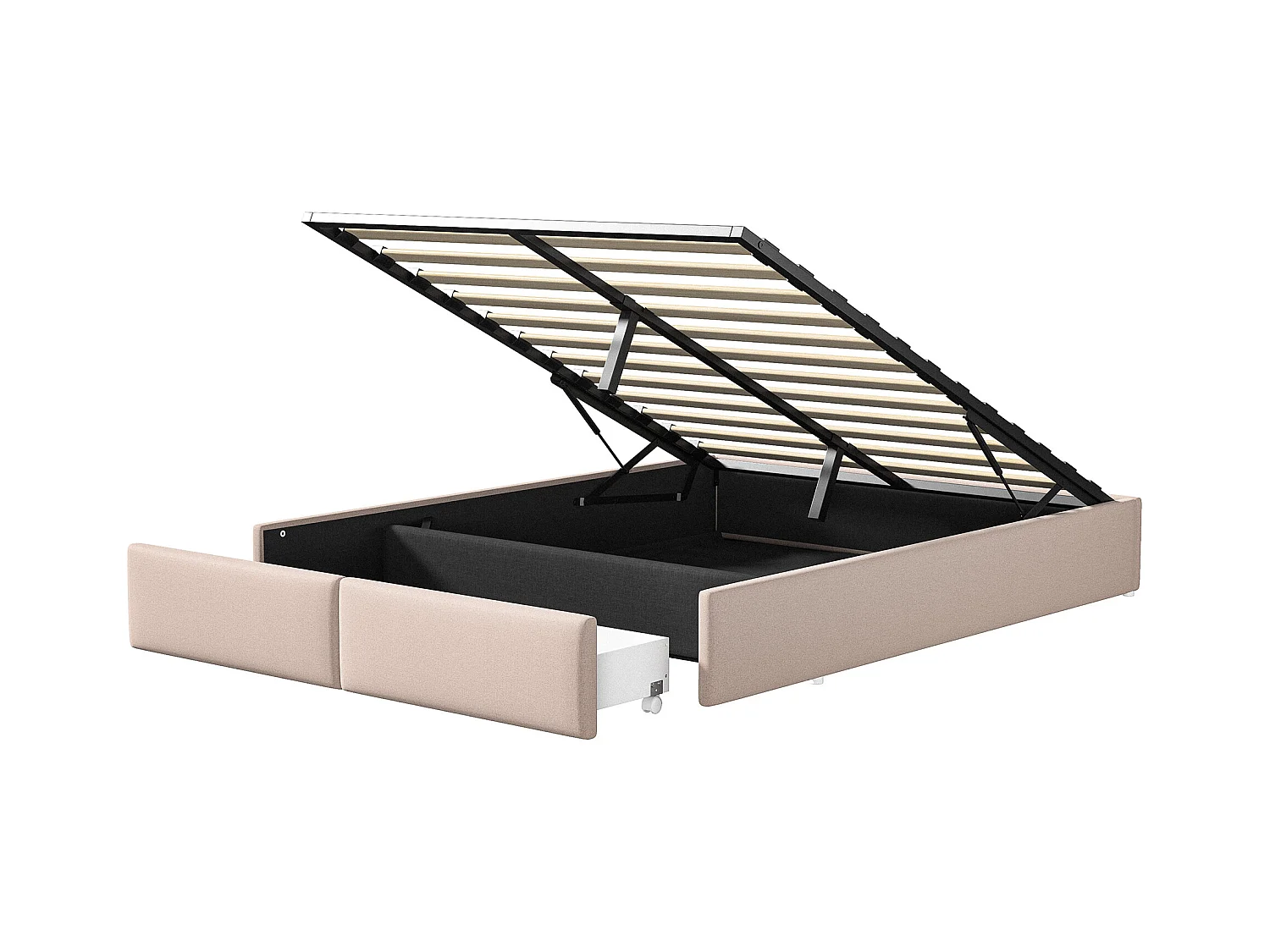 Lit capitonné 160 x 200cm, lit plateforme, lit capitonné sans tête de lit, avec rangement hydraulique et 2 tiroirs, beige