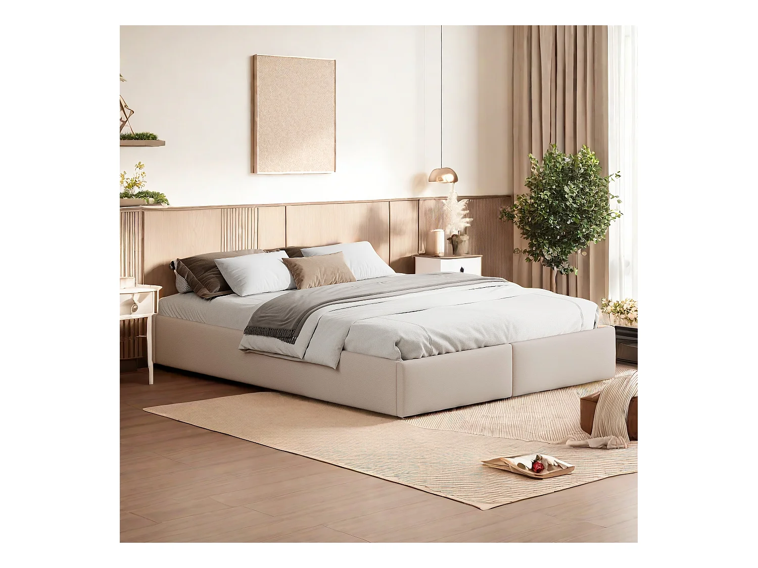 Lit capitonné 160 x 200cm, lit plateforme, lit capitonné sans tête de lit, avec rangement hydraulique et 2 tiroirs, beige