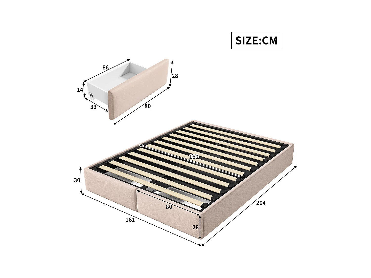 Lit capitonné 160 x 200cm, lit plateforme, lit capitonné sans tête de lit, avec rangement hydraulique et 2 tiroirs, beige