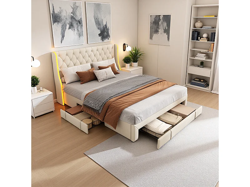 Lit 160x200cm en velours beige avec lampes intégrées, 3 tiroirs métalliques & tête de lit aile – Design élégant & espace de rangement