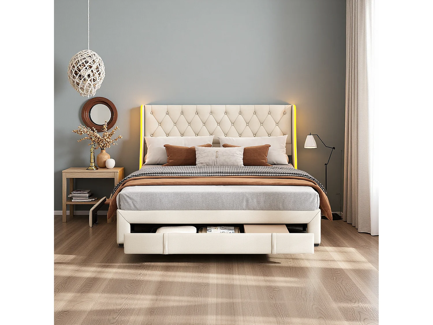 Lit 160x200cm en velours beige avec lampes intégrées, 3 tiroirs métalliques & tête de lit aile – Design élégant & espace de rangement