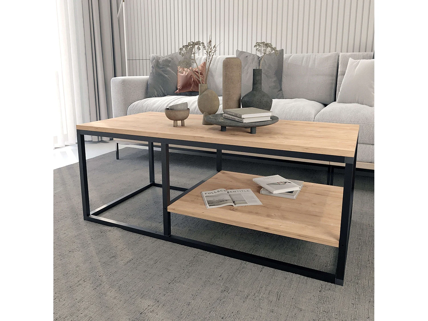 Mesa Centro Salón Rus Base Inferior Negro Roble Safir 105x42x0 cm