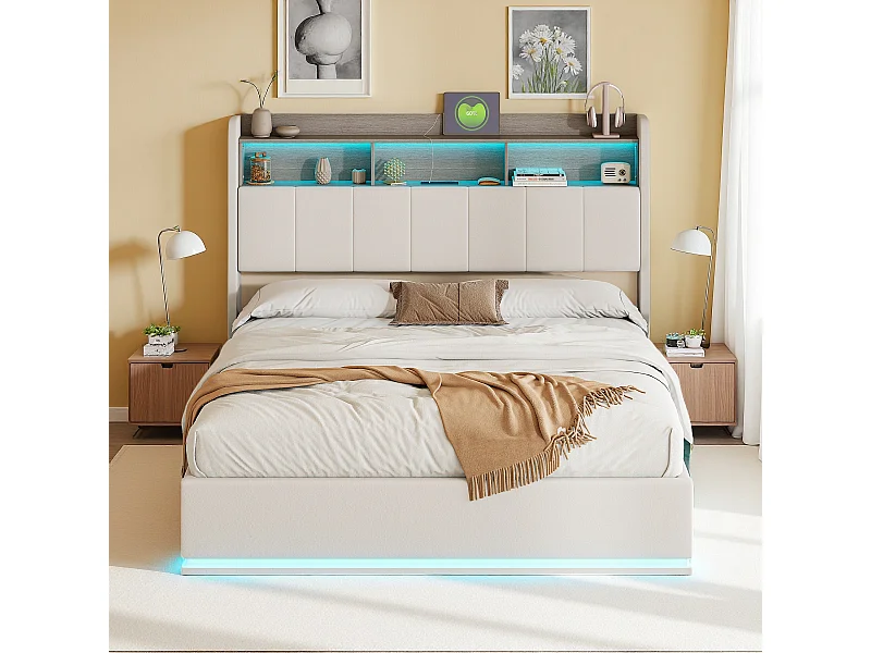 Lit 140x200cm en velours blanc avec bande LED intégrée, tête de lit avec rangement & éclairage – Design moderne et fonctionnel
