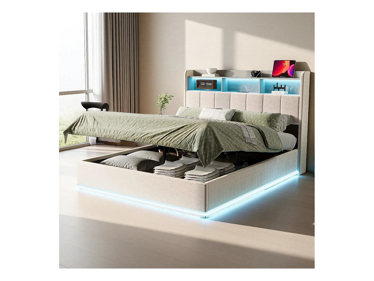 Lit 140x200cm en velours blanc avec bande LED intégrée, tête de lit avec rangement & éclairage – Design moderne et fonctionnel