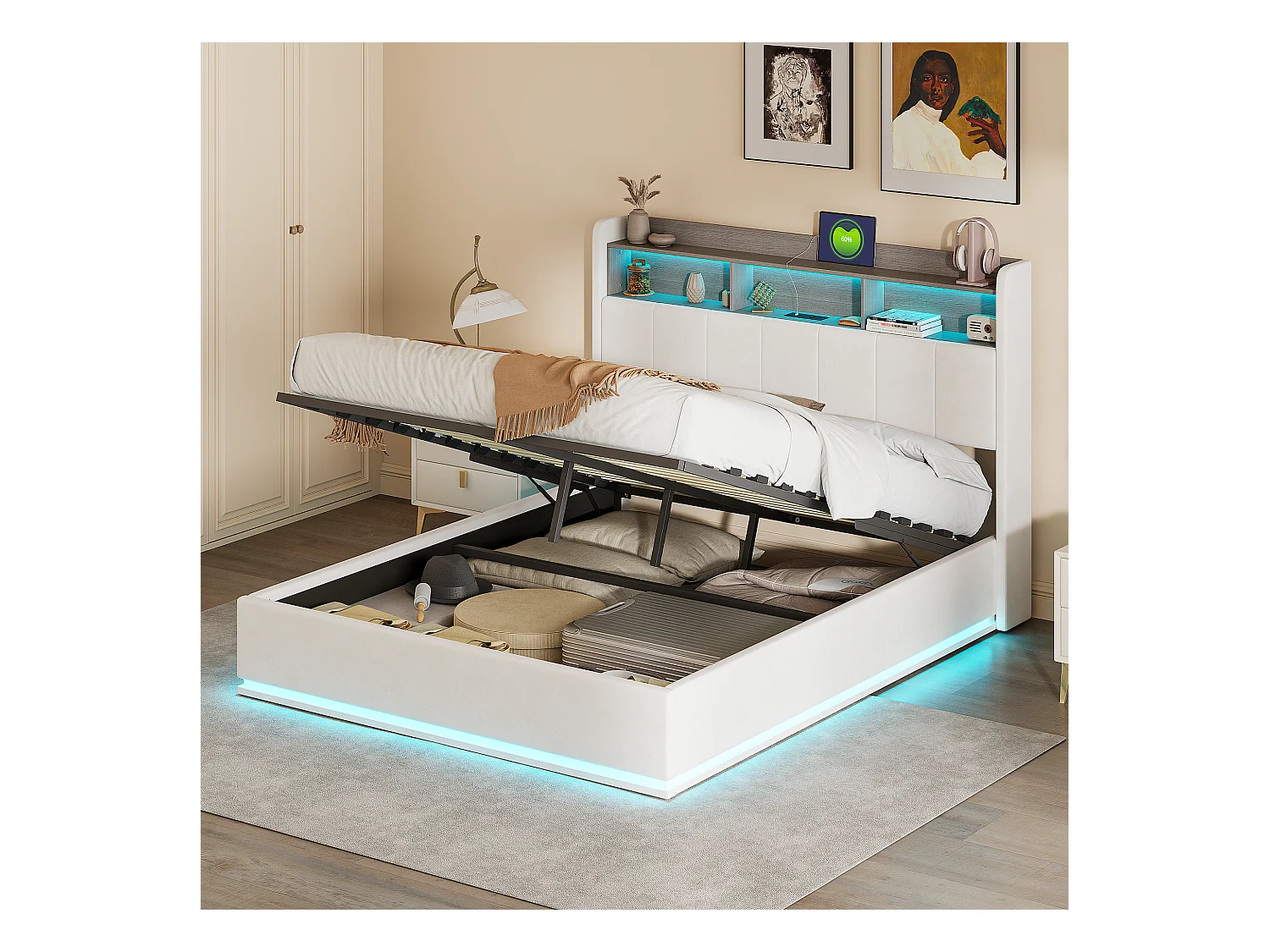 Lit 140x200cm en velours blanc avec bande LED intégrée, tête de lit avec rangement & éclairage – Design moderne et fonctionnel