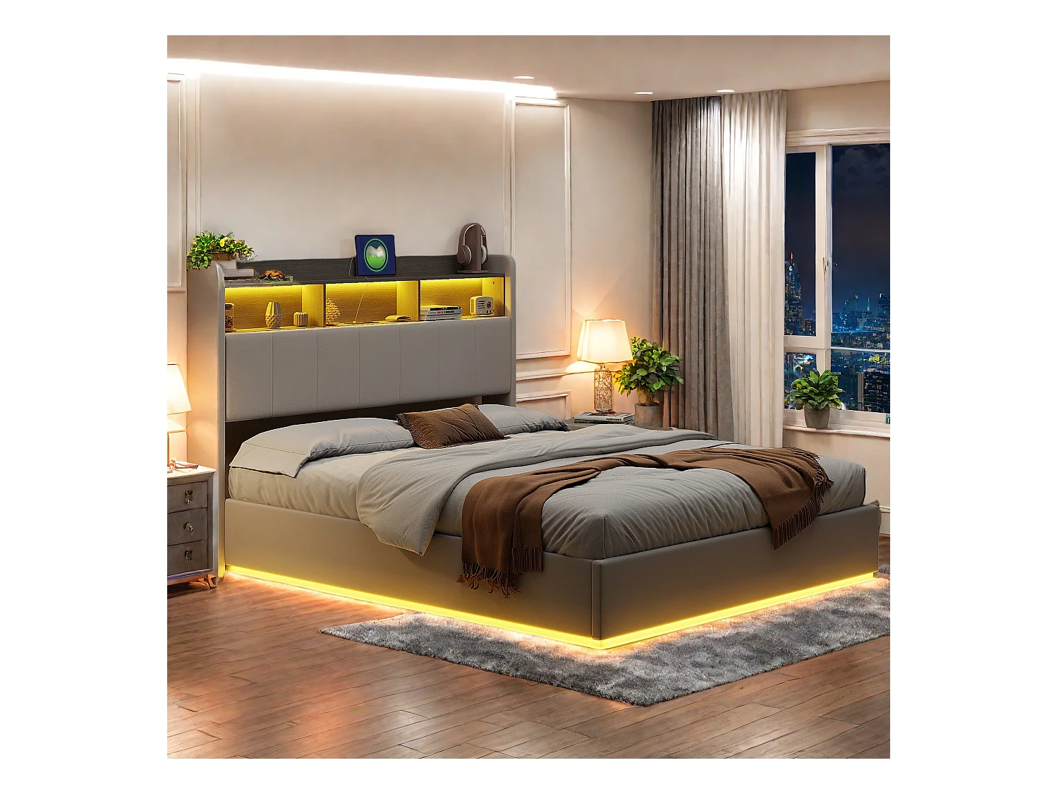 Lit 140x200cm en velours blanc avec bande LED intégrée, tête de lit avec rangement & éclairage – Design moderne et fonctionnel