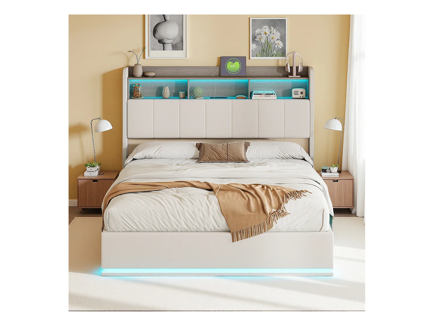 Cama de veludo branco 140x200cm com faixa de LED integrada, cabeceira com armazenamento e iluminação - Design moderno e funcional