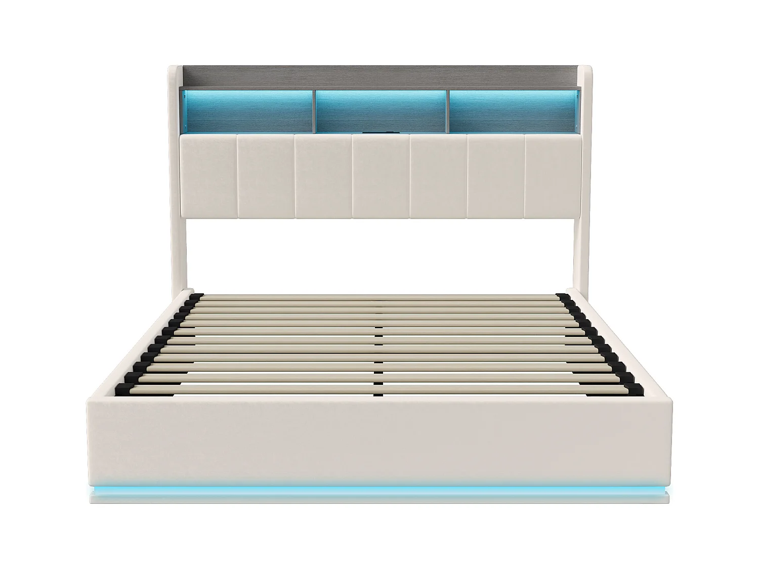 Lit 140x200cm en velours blanc avec bande LED intégrée, tête de lit avec rangement & éclairage – Design moderne et fonctionnel