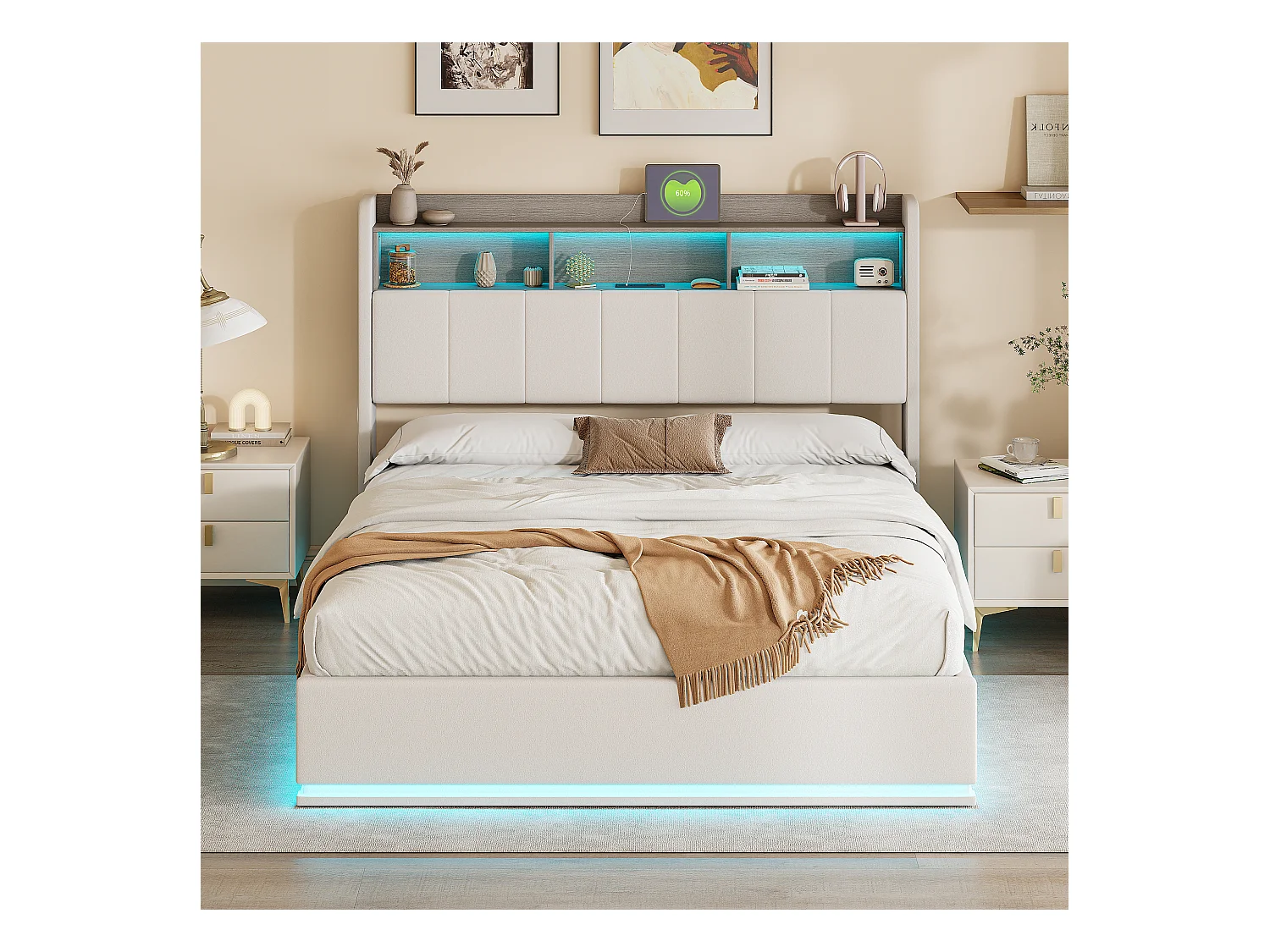 Lit 140x200cm en velours blanc avec bande LED intégrée, tête de lit avec rangement & éclairage – Design moderne et fonctionnel