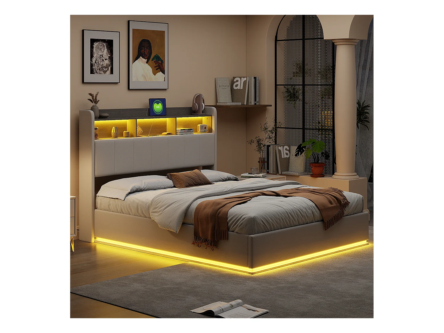 Lit 140x200cm en velours blanc avec bande LED intégrée, tête de lit avec rangement & éclairage – Design moderne et fonctionnel