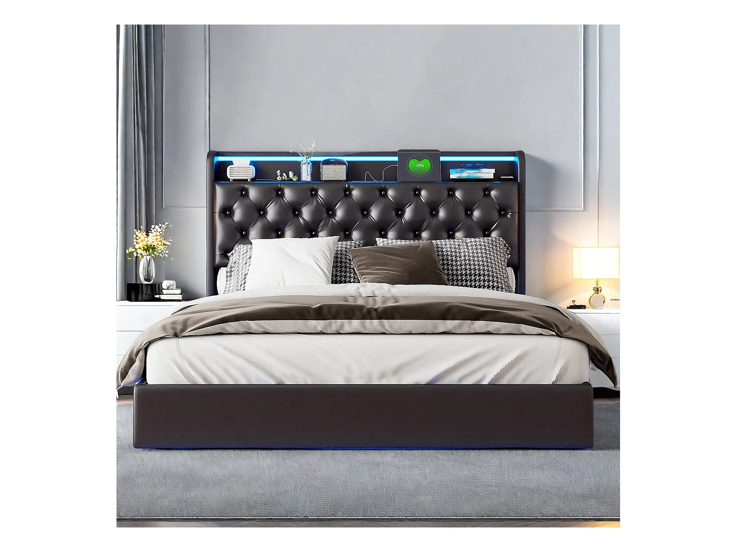 Cama flutuante de PU 140x200 cm com cabeceira e estrutura de LED, armazenamento de cabeceira acolchoado e tomada UE - Design moderno e prático