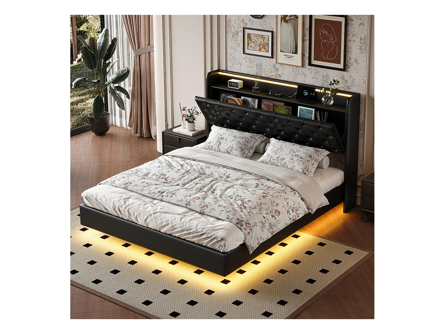 Cama flutuante de PU 140x200 cm com cabeceira e estrutura de LED, armazenamento de cabeceira acolchoado e tomada UE - Design moderno e prático