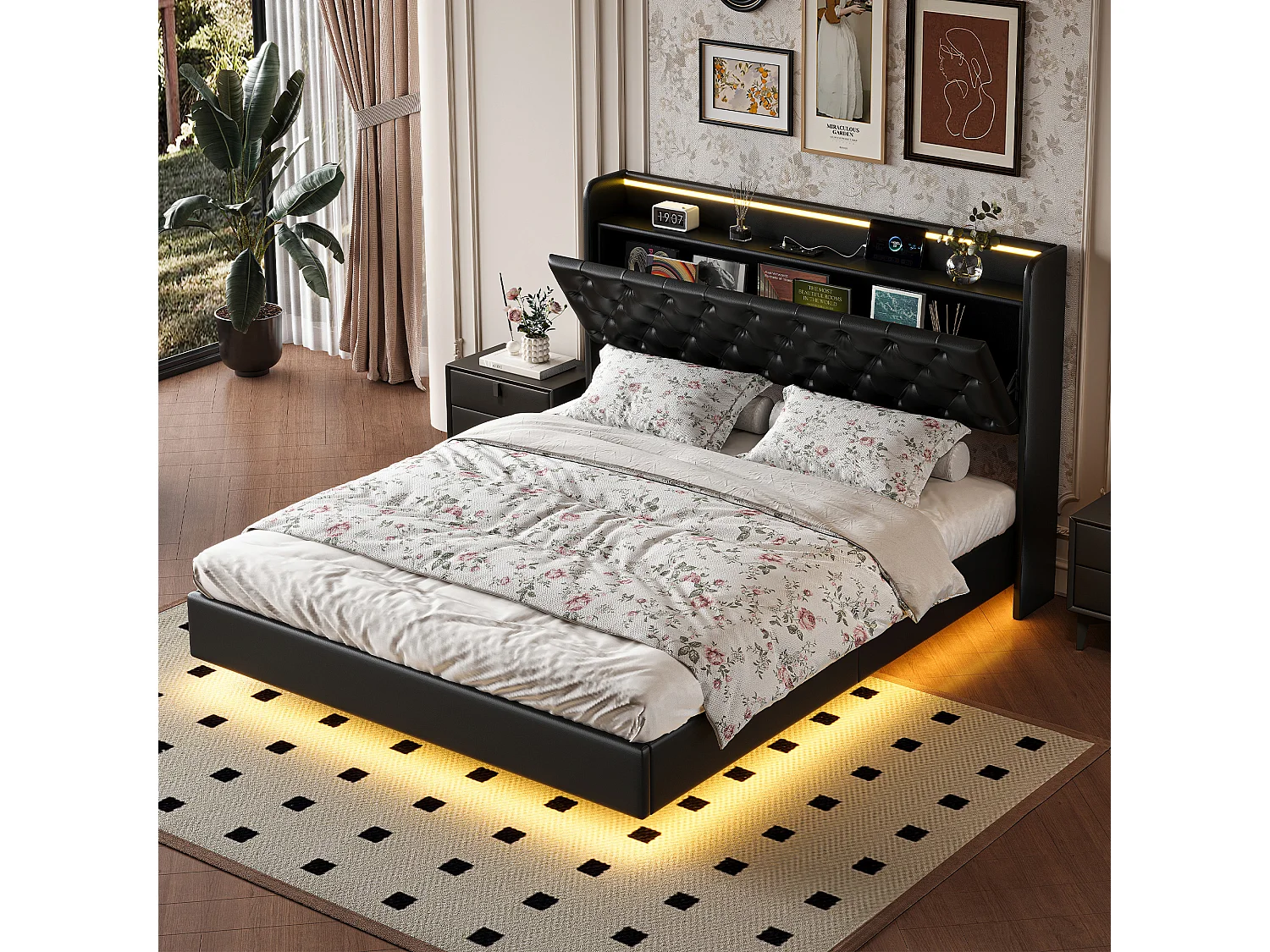 Lit flottant 140x200cm en PU avec LED tête & corps, rangement tête de lit rembourrée & prise EU – Design moderne et pratique