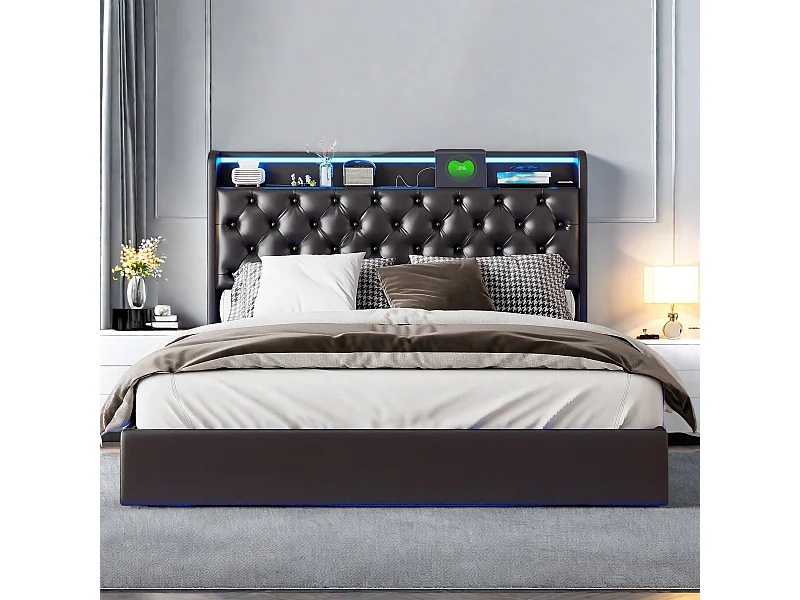 Lit flottant 140x200cm en PU avec LED tête & corps, rangement tête de lit rembourrée & prise EU – Design moderne et pratique