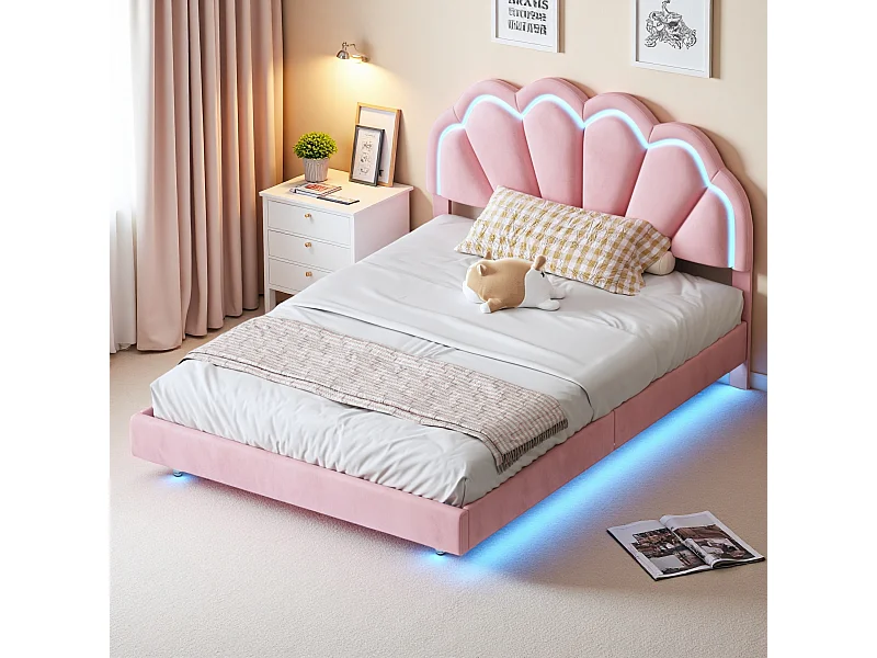 140x200cm gestoffeerd kinderbed, roze PU-leren kroon tweepersoonsbedframe met ledverlichting, lattenbodem en rugleuning (matras niet inbegrepen)