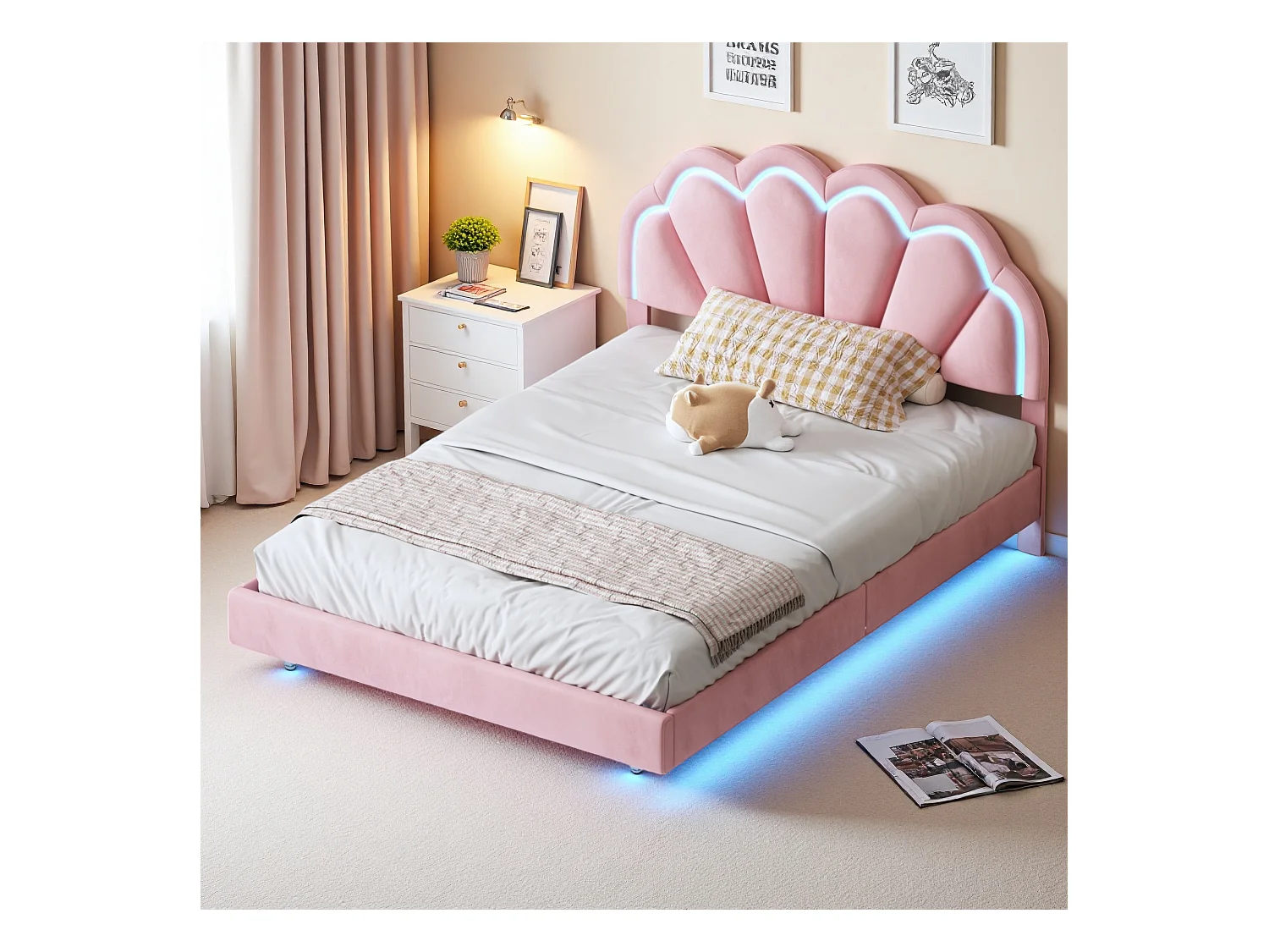 Cama infantil estofada 140 x 200 cm, estrutura de cama de casal coroa rosa em couro PU com luzes LED, base e encosto de ripas (colchão não incluído)