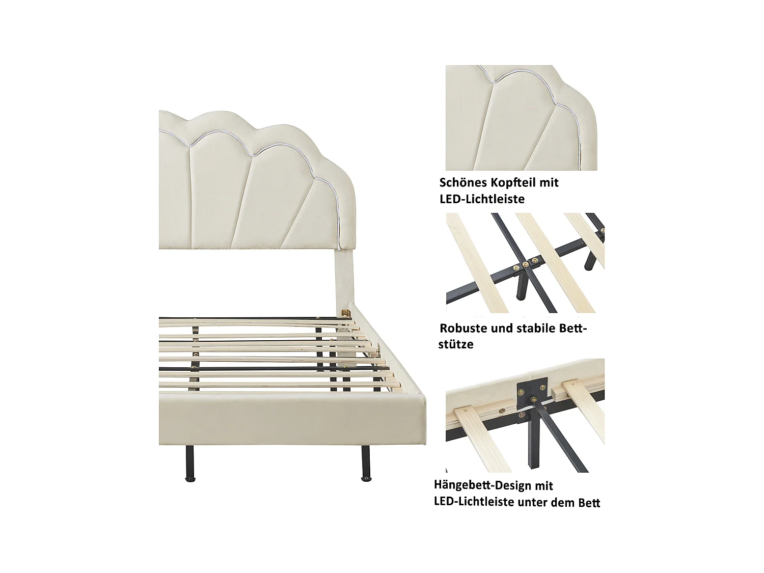 Cama infantil estofada 140 x 200 cm, estrutura de cama de casal coroa rosa em couro PU com luzes LED, base e encosto de ripas (colchão não incluído)