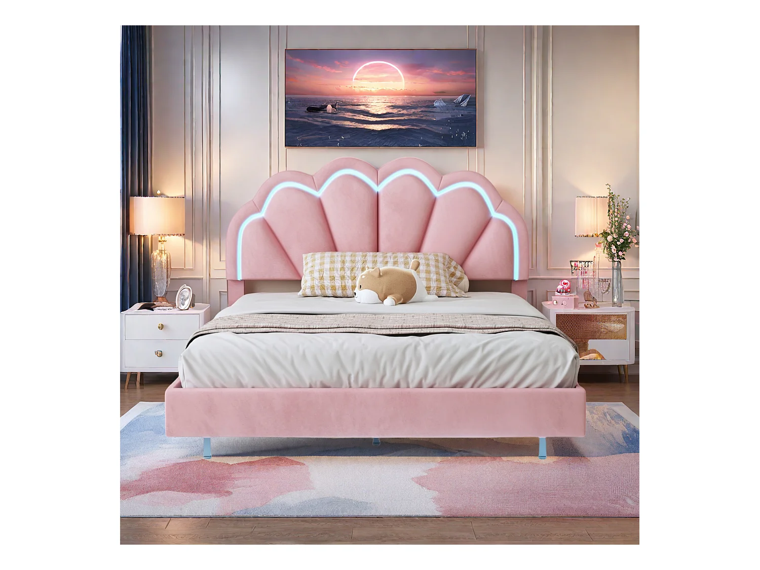 Cama infantil estofada 140 x 200 cm, estrutura de cama de casal coroa rosa em couro PU com luzes LED, base e encosto de ripas (colchão não incluído)