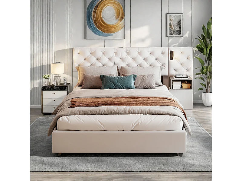 Cama blanca tapizada de 140 x 200 cm con elevación de gas, mesitas de noche dobles y lámparas de noche, tela de terciopelo, almacenaje moderno y cómodo.