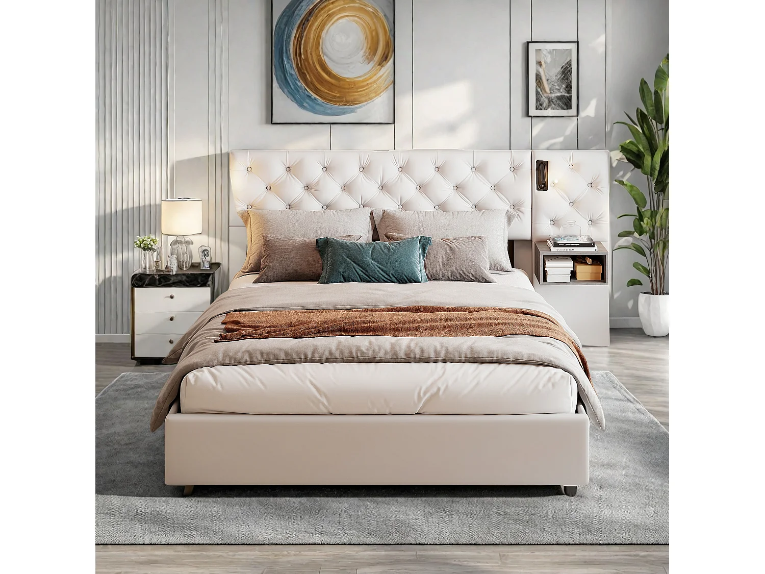 Cama blanca tapizada de 140 x 200 cm con elevación de gas, mesitas de noche dobles y lámparas de noche, tela de terciopelo, almacenaje moderno y cómodo.
