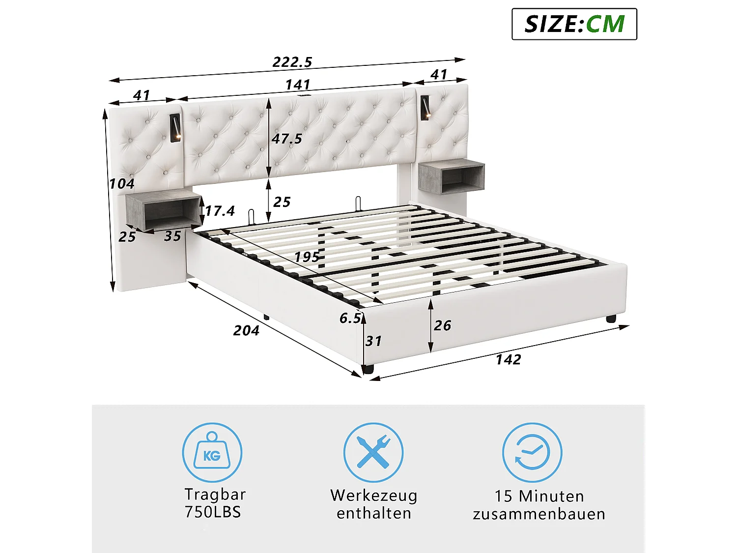Cama blanca tapizada de 140 x 200 cm con elevación de gas, mesitas de noche dobles y lámparas de noche, tela de terciopelo, almacenaje moderno y cómodo.