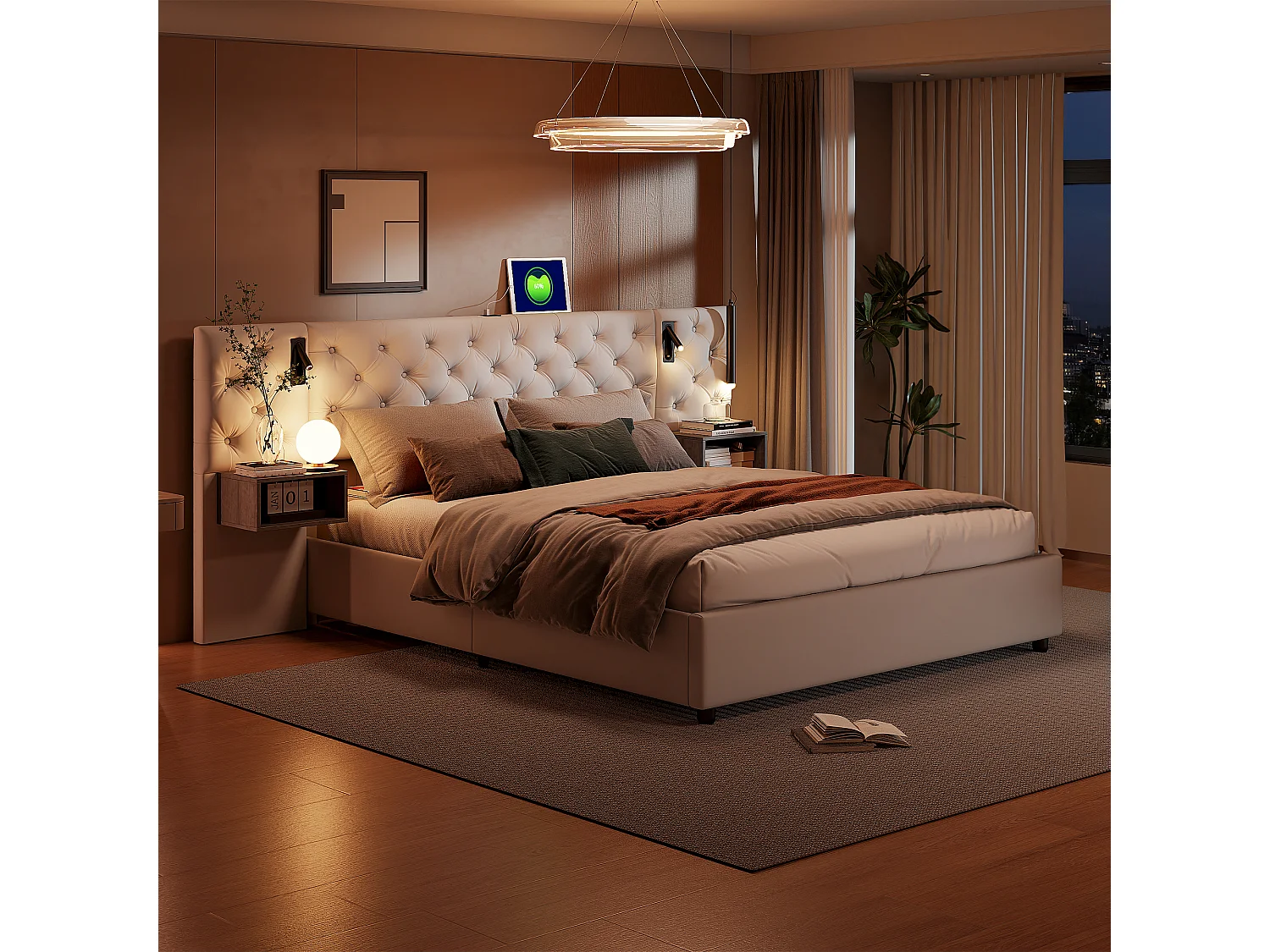 Cama blanca tapizada de 140 x 200 cm con elevación de gas, mesitas de noche dobles y lámparas de noche, tela de terciopelo, almacenaje moderno y cómodo.