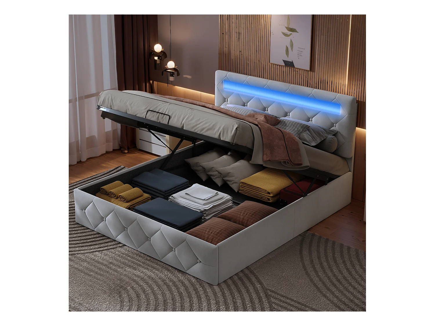 Bed 140x200 cm abrikooskleurig fluwelen opbergbed met multicolor ledverlichting, verstelbaar hoofdbord, EU-stekker & hydraulische opbergruimte