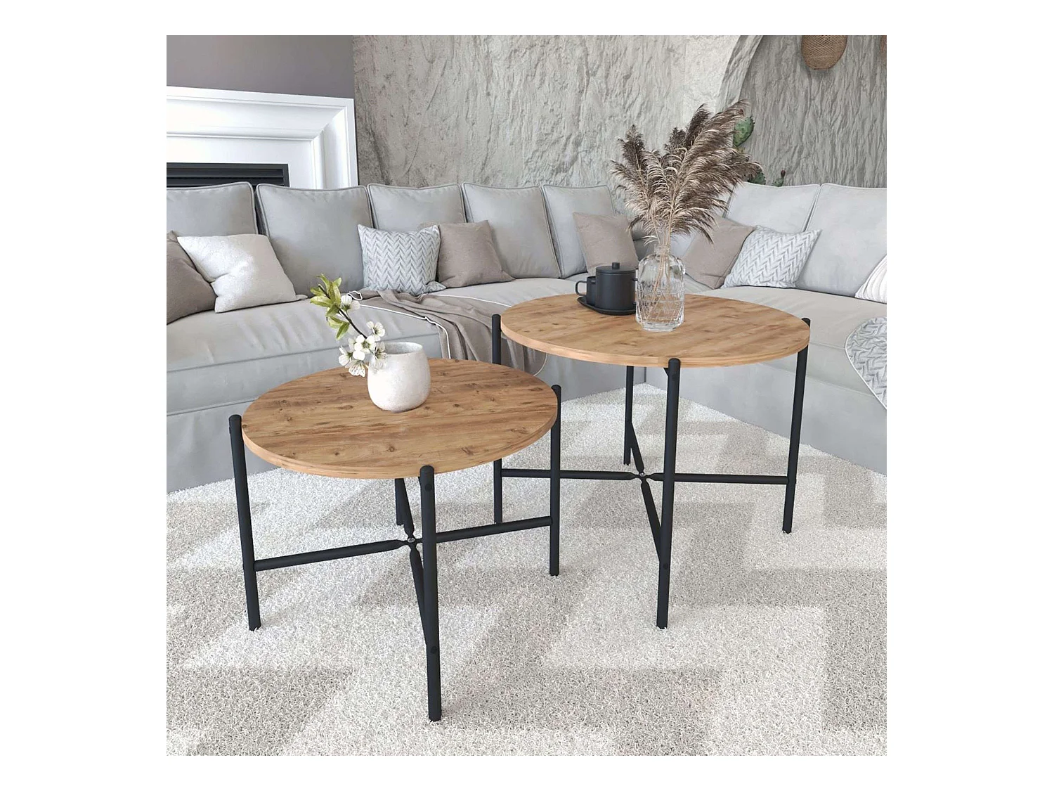 Pack 2 Mesas Centro Redondas Rus Estilo Industrial Roble Claro/Negro