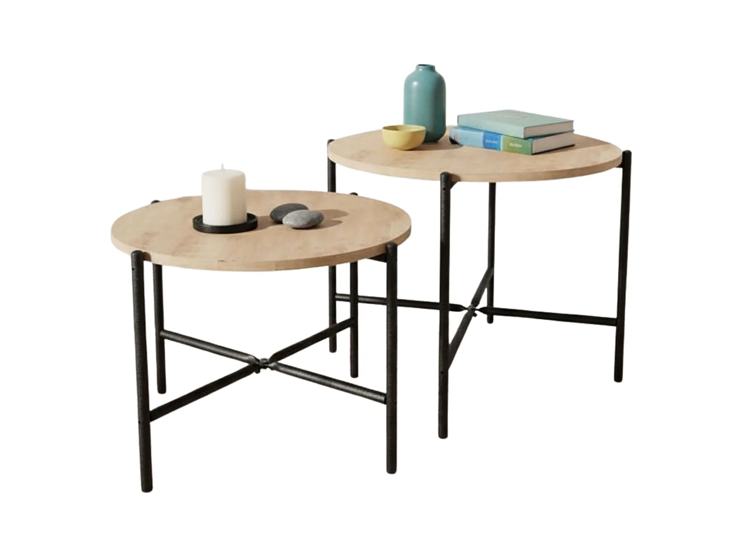 Pack 2 Mesas Centro Redondas Rus Estilo Industrial Roble Claro/Negro
